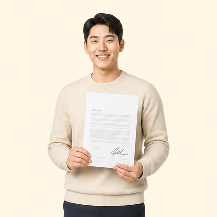 신용불량자 그랑콜레오스 장기렌트카 서면 견적서를 들고 있는 고객